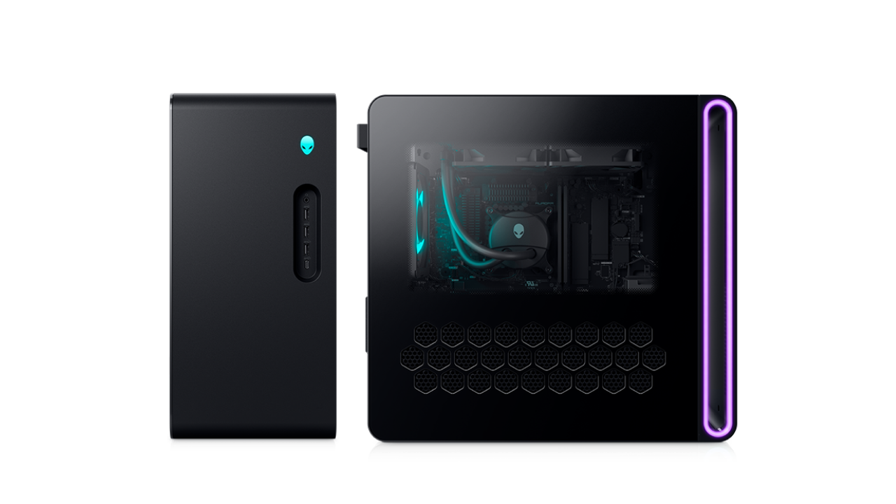 Vista anteriore e di tre quarti di Alienware Aurora con zone di illuminazione in evidenza.