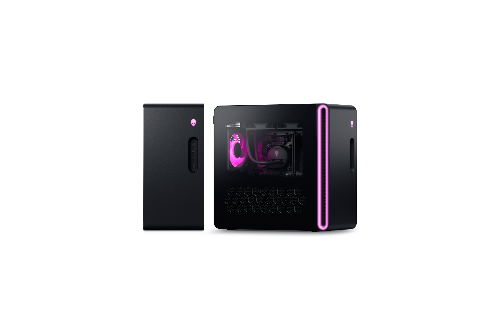Front and three-quarter views of the Alienware Aurora with illuminated lighting zones.