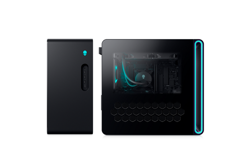 Vista anteriore e di tre quarti di Alienware Aurora con zone di illuminazione in evidenza.