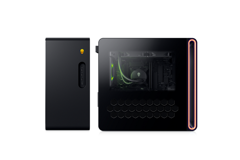 Vista anteriore e di tre quarti di Alienware Aurora con zone di illuminazione in evidenza.