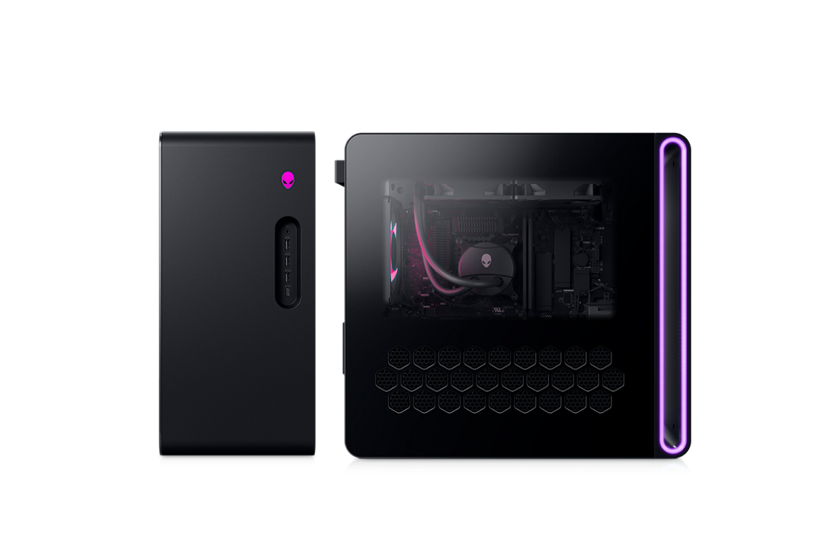 Vista anteriore e di tre quarti di Alienware Aurora con zone di illuminazione in evidenza.