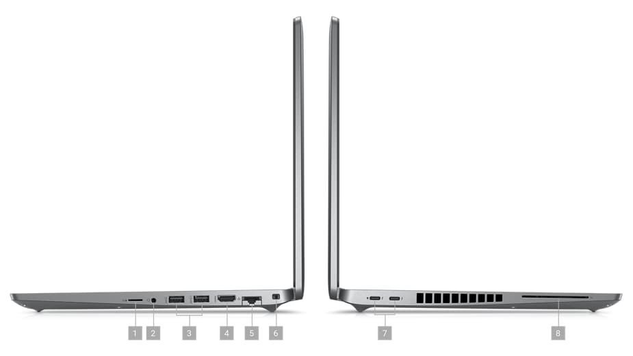 Obrázek dvou mobilních pracovních stanic Dell Precision 3570 umístěných po bocích a s porty a sloty na boční straně produktů.