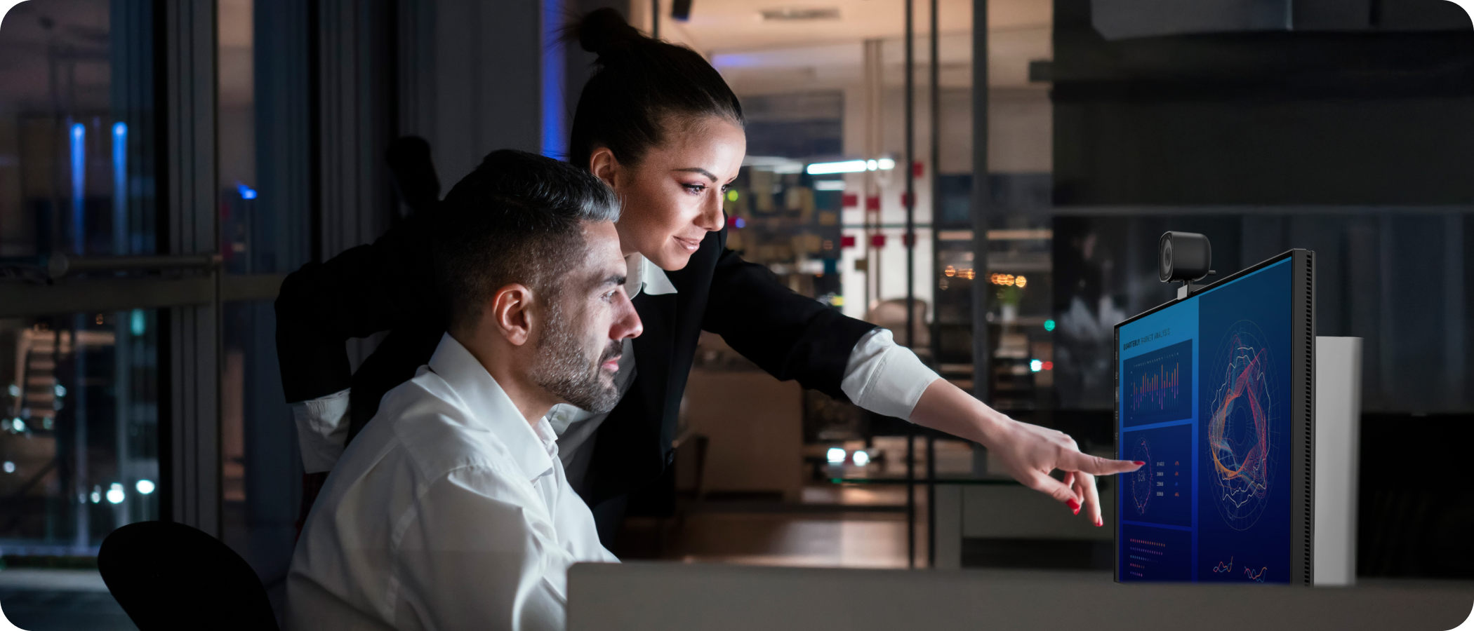 Colleagues working late together late at night. Services Marketing, Productivity Screenfill with Market Analysis - Blue, office, monitor
