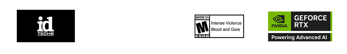 List of partnership logos, including idTECH8, id Bethesda, ESRB-M Rating and NVIDIA GeForce RTX logo