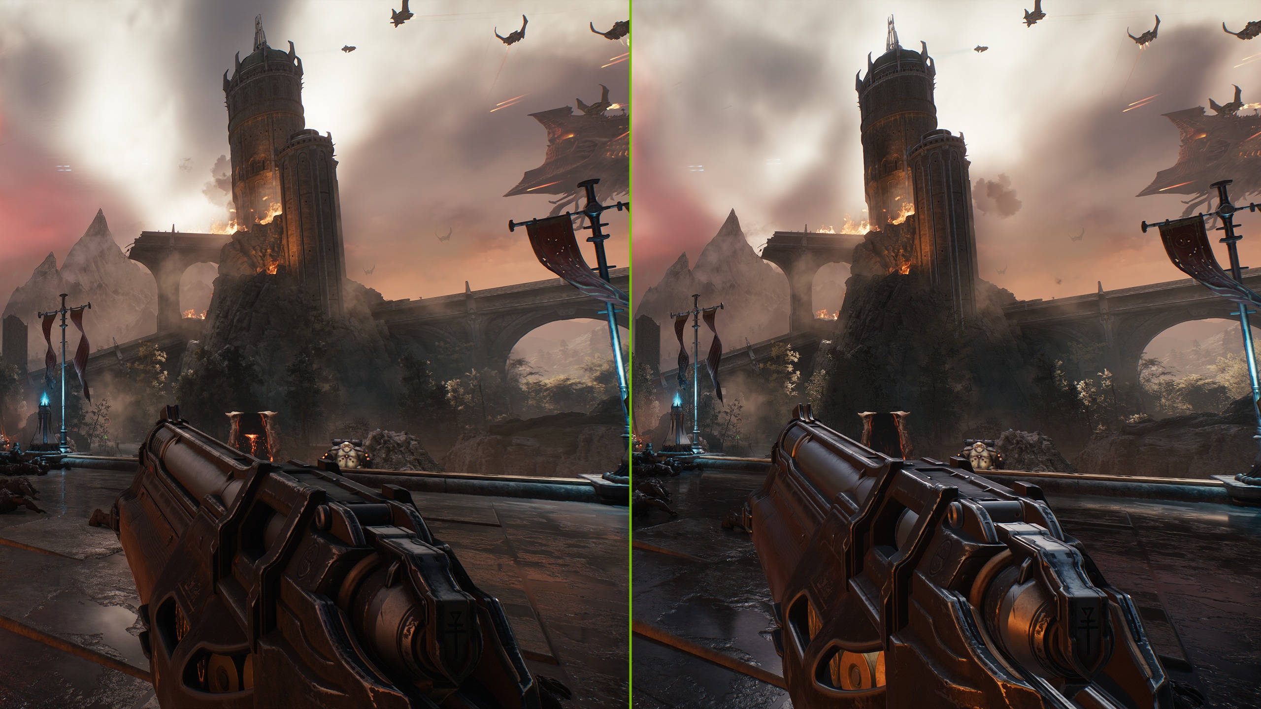 Side by side comparison image of visual differences, both showing a first-person view of holding a gun. Right side is much clearer and precise with use of path tracing. 