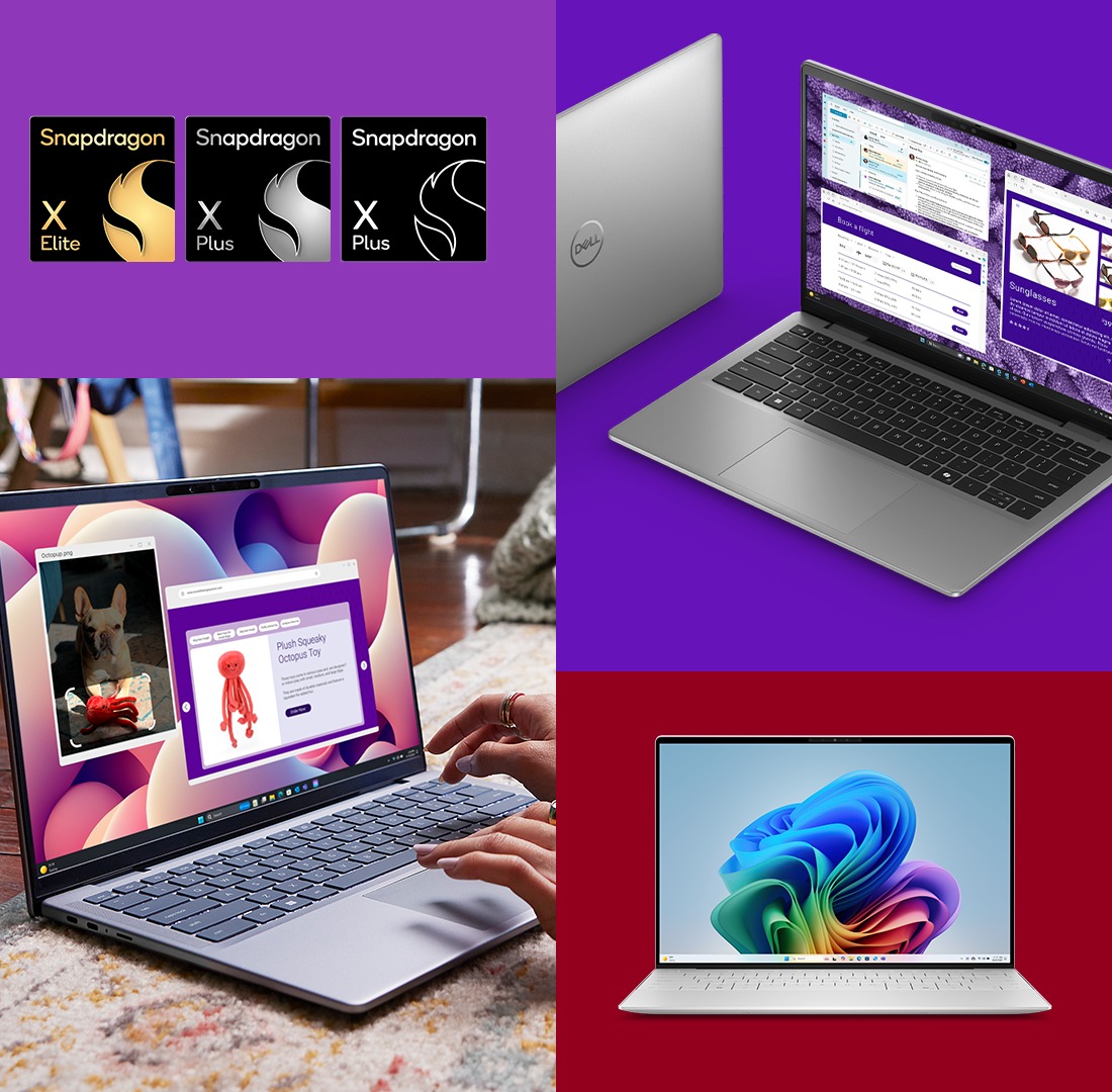 Cuatro imágenes de logotipos de Snapdragon y portátiles Dell