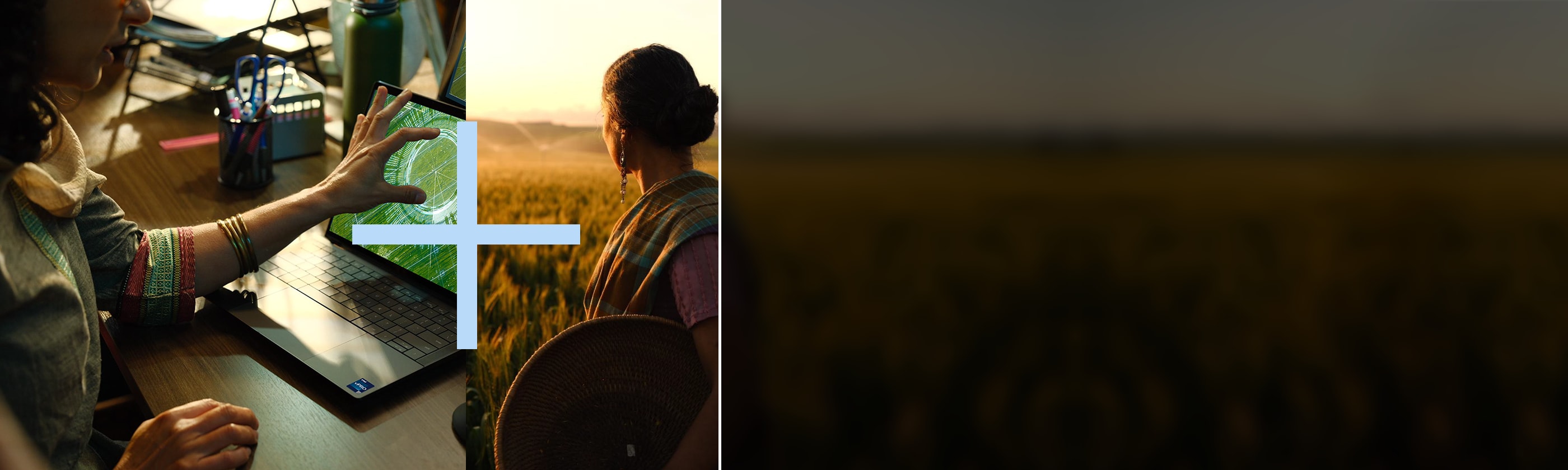 Links: Frau berührt den Bildschirm eines Dell Laptops. Rechts: Frau auf einem Feld, die den Horizont betrachtet.