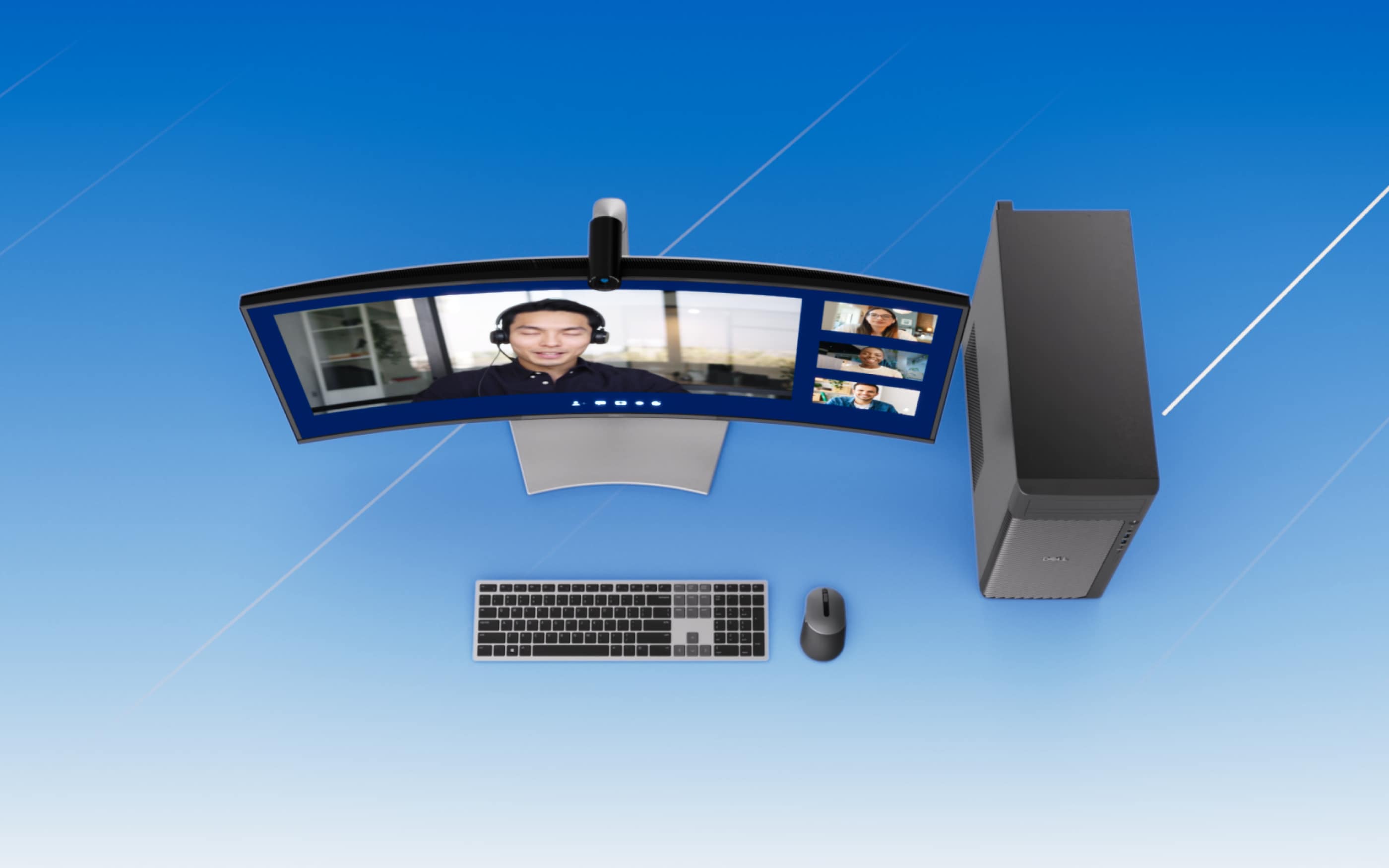 Above view of monitor, keyboard, mouse and desktop