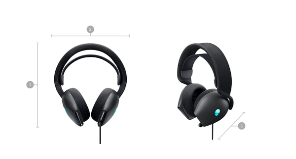 Dell Alienware AW520H Wired Gaming Headset with numbers from 1 to 3 showing the product dimensions and weight. 