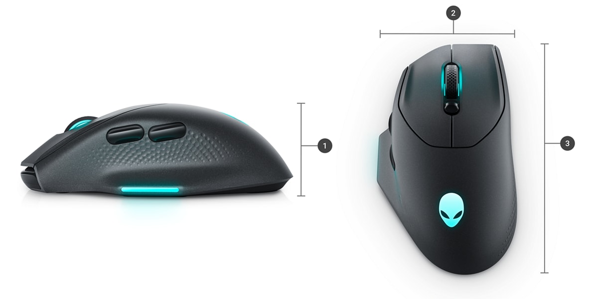Dell Alienware AW620M Gaming Mouse with numbers from 1 to 3 showing the product dimensions and weight. 