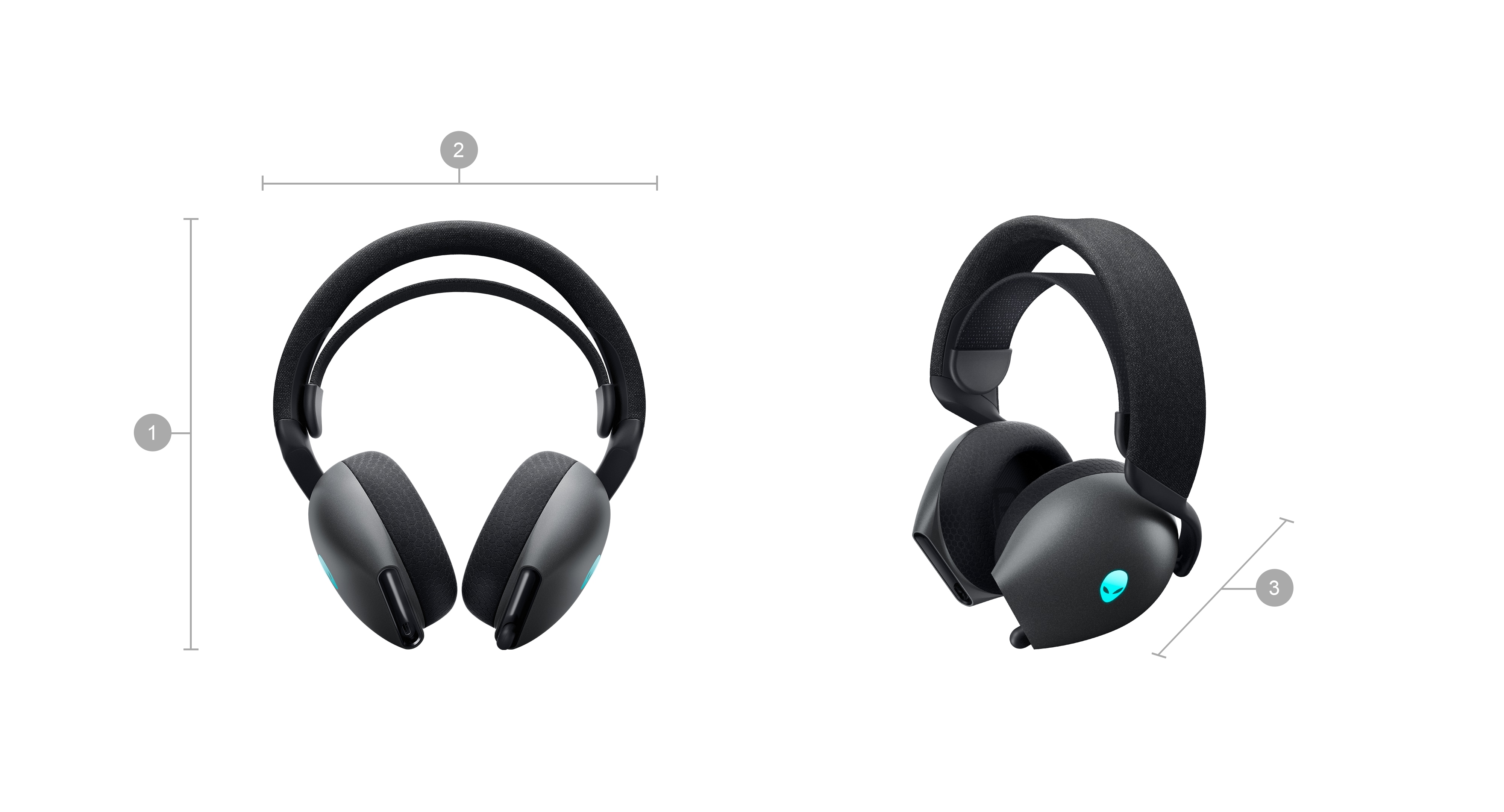 Dell Alienware AW720H Wireless Gaming Headsets with numbers from 1 to 3 showing the product dimensions and weight.