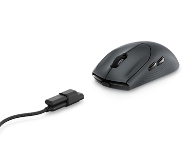 Picture  of  a  black  Dell  Alienware  Wireless  Gaming  Mouse  AW720M showing the  front buttons, mouse wheel and USB-C connection.