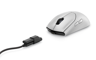 Imagem de um mouse gamer Dell Alienware AW720M sem fio, mostrando os botões frontais, a roda do mouse e a conexão USB-C.