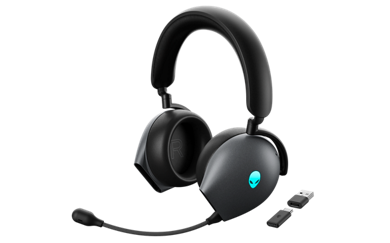 Picture of a black Dell Alienware Gaming Headset with a mic connected.