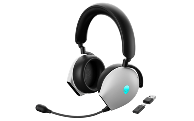 Picture of a white Dell Alienware Gaming Headset with a mic connected.