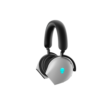 Picture of a white Dell Alienware Gaming Headset showing the left side of the product.