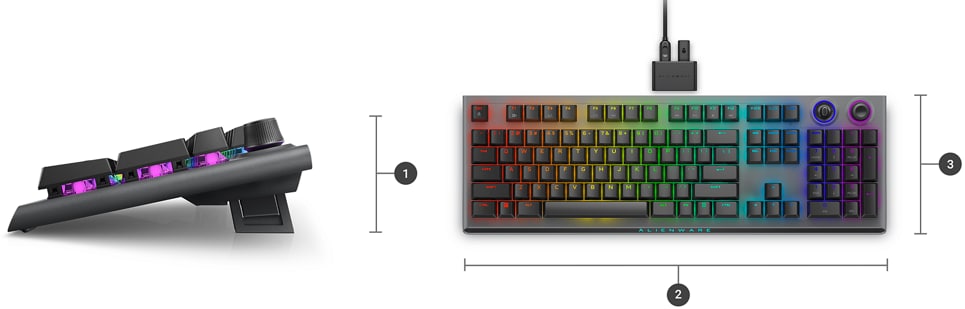 Dell Alienware AW920K Gaming Keyboard with numbers from 1 to 3 showing the product dimensions and weight