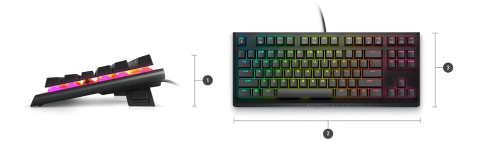 Dell Alienware AW420K Gaming Keyboard with numbers from 1 to 3 signaling the product dimensions and weight.