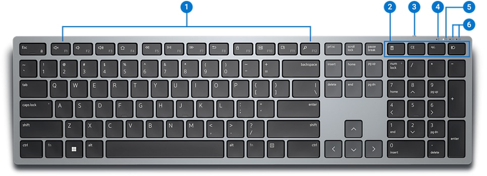 Bild einer Dell Mehrgeräte-Wireless-Tastatur KB700 mit Zahlen von 1 bis 6 zur Kennzeichnung der Produktfunktionen.