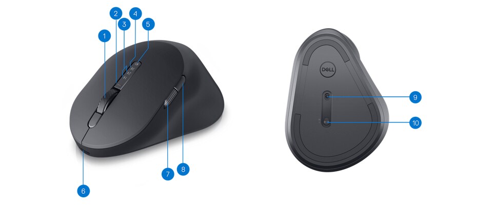Dell MS900 Premier Rechargeable Mouse with numbers from 1 to 10 showing the product features.