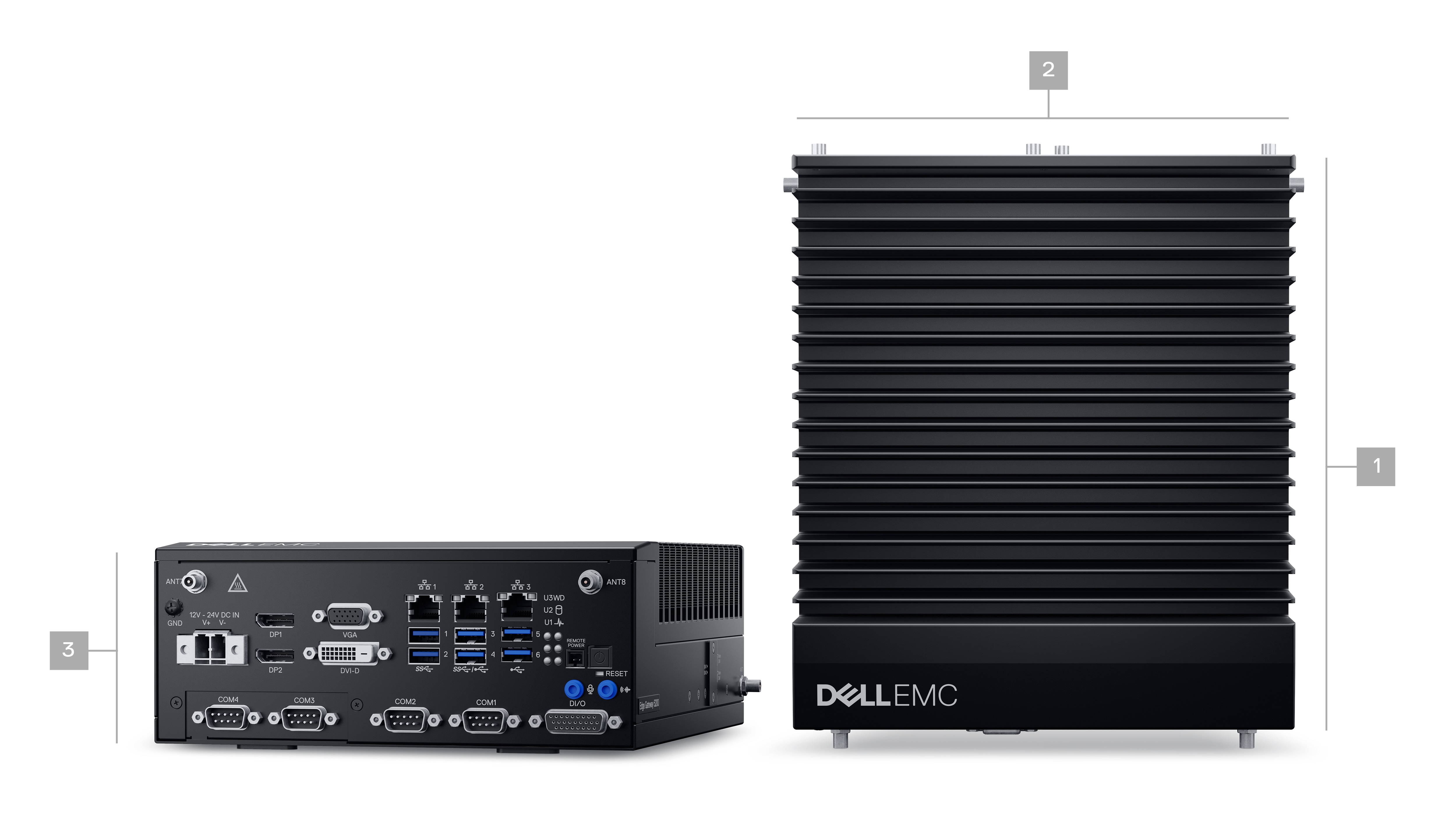 Picture of two Dell EMC Edge Gateway 5200 with numbers 1 to 3 signaling product dimensions & weight.