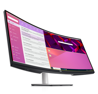 Imagem de um monitor Dell S3423DWC com uma caixa de entrada de e-mail no lado esquerdo da tela e uma barra de pesquisa no lado direito