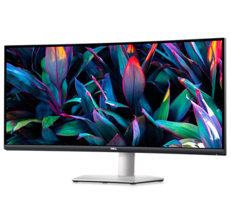 Imagem de um monitor Dell S3423DWC com folhas coloridas na tela.