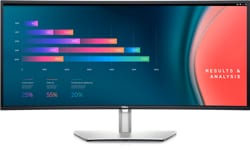 Imagen de un monitor curvo Dell UltraSharp 34 U3421WE con concentrador USB-C y un panel colorido en la pantalla.