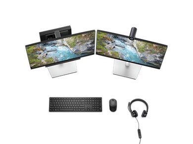 Picture of a Dell OptiPlex 3000 Micro Computer connected to monitors, keyboard and mouse and a headset all seen from above. 