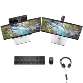 Picture of a Dell OptiPlex 3000 Micro Computer connected to monitors, keyboard and mouse and a headset all seen from above. 
