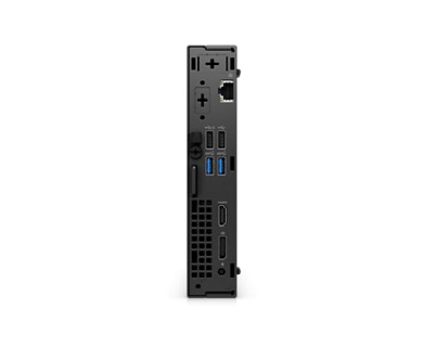 Picture of a Dell OptiPlex 3000 Micro Computer on its back showing the ports available behind the product. 