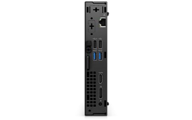 Picture of a Dell OptiPlex 3000 Micro Computer on its back showing the ports available behind the product. 