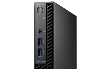 Picture of zoomed Dell OptiPlex 3000 Micro Computer Desktop showing ports and details.