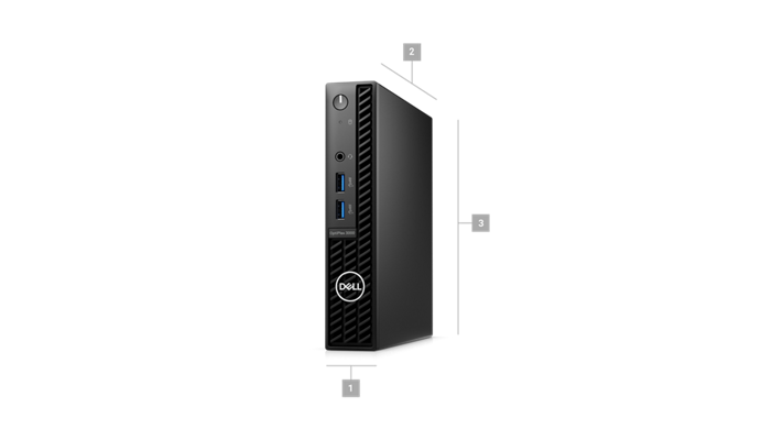Picture of a Dell OptiPlex 3000 Micro Desktop with numbers from 1 to 3 signaling product dimensions & weight.