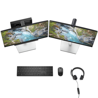 Obrázek tenkého klienta Dell OptiPlex 3000 připojeného k monitorům, klávesnici, myši a náhlavní soupravě, pohled shora
