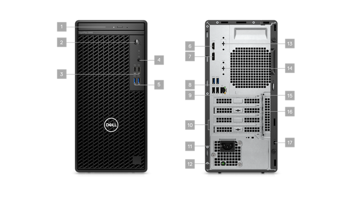 Picture of two Dell OptiPlex 3000 Tower Desktops, one from the front and one from the back and numbers signaling the 17 ports. 