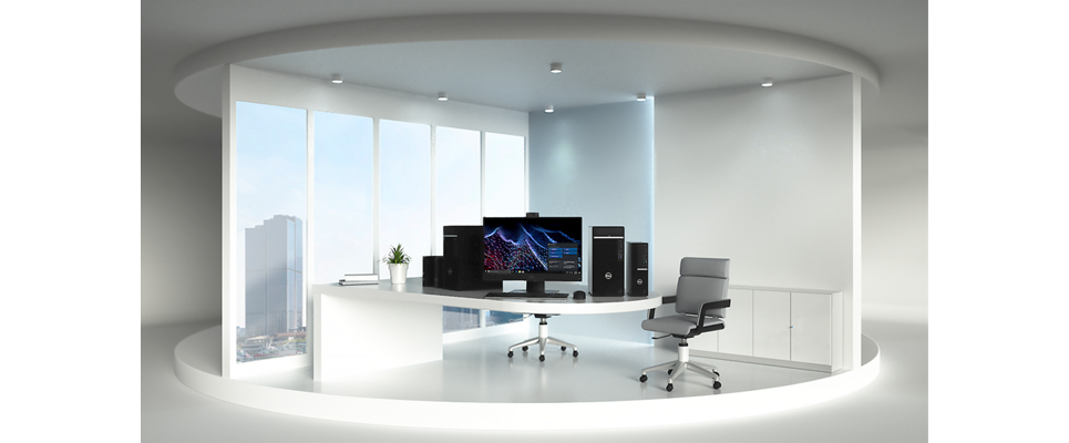 Pictureof a bright, spacious room with office furniture.On a white table, Dell products and OptiPlex 5000 Tower Desktops.