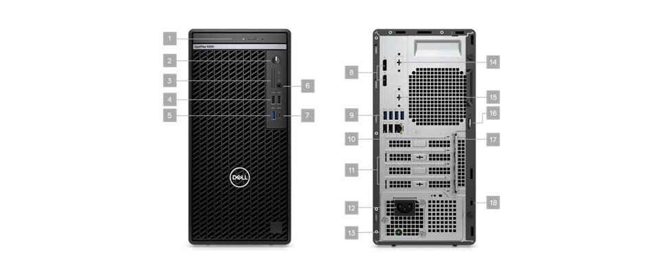 Picture of two Dell OptiPlex 5000 Tower Desktops, one from the front and one from the back and numbers signaling the 18 ports. 