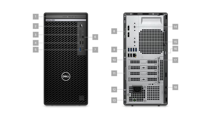 Image de deux ordinateurs de bureau Dell OptiPlex 5000 au format tour, l’un vu de face, l’autre vu de dos, auxquels des chiffres ont été ajoutés pour indiquer les 18 ports.
