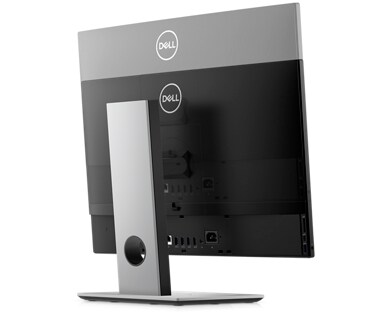 Picture of a Dell OptiPlex 5400 All-in-One Desktop on its back showing Dell logo and ports available behind the product.