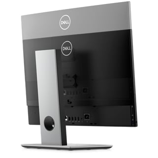 תמונה של מחשב All-in-One שולחני מדגם OptiPlex 5400 של Dell שמונח על חלקו האחורי, שמציגה את הלוגו של Dell ואת היציאות הזמינות מאחורי המוצר.