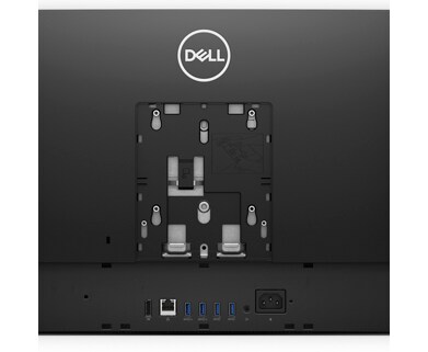 Picture of a Dell OptiPlex 5400 All-in-One Desktop on its back showing Dell logo and ports available behind the product.