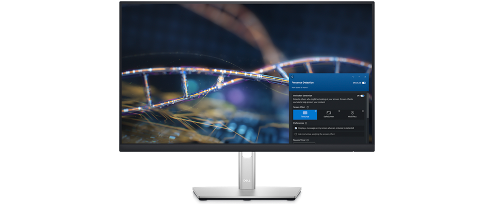 Dell 顯示器的圖片，背景色彩鮮豔，工具列上的 Dell Optimizer 工具已開啟。