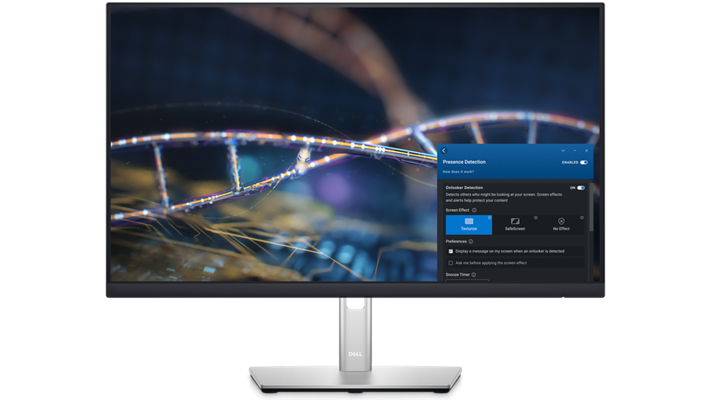 Zdjęcie monitora Dell z kolorową tapetą i narzędziem Dell Optimizer otwartym na pasku narzędzi.