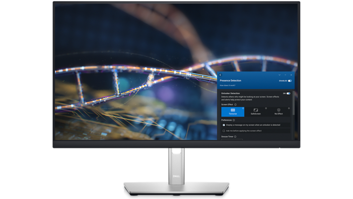 Imagen de un monitor Dell con un fondo colorido y la herramienta Dell Optimizer abierta en la barra de herramientas.