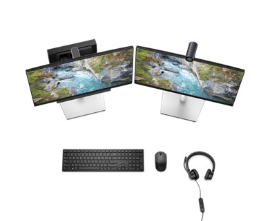Picture of a Dell OptiPlex 7000 Micro connected to monitors, keyboard and mouse and a headset all seen from above. 