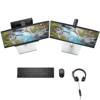 Picture of a Dell OptiPlex 7000 Micro connected to monitors, keyboard and mouse and a headset all seen from above. 