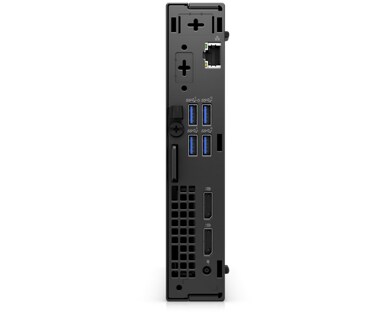 Picture of a Dell OptiPlex 7000 Micro on its back showing the ports available behind the product. 