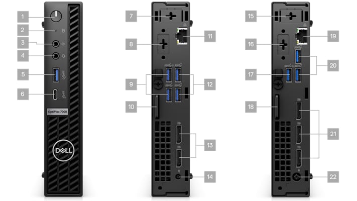 Zdjęcie trzech komputerów stacjonarnych Dell OptiPlex 7000 Micro z liczbami od 1 do 22 wskazującymi porty i gniazda.