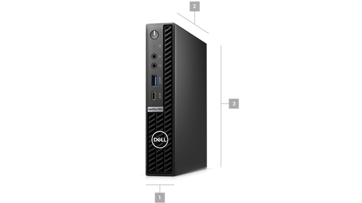 Picture a Dell OptiPlex 7000 Micro with numbers from 1 to 3 signaling product dimensions & weight.